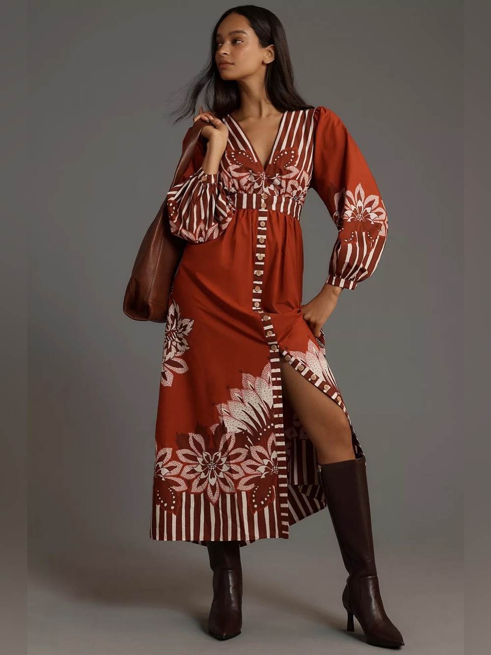 Farm Rio Long-Sleeve V-Neck Midi Dress